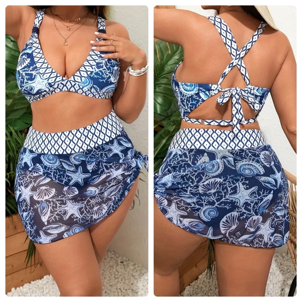 Plus Size Seashell Starfish Print Halter V Neck & Cover Up Skort Bikini Set